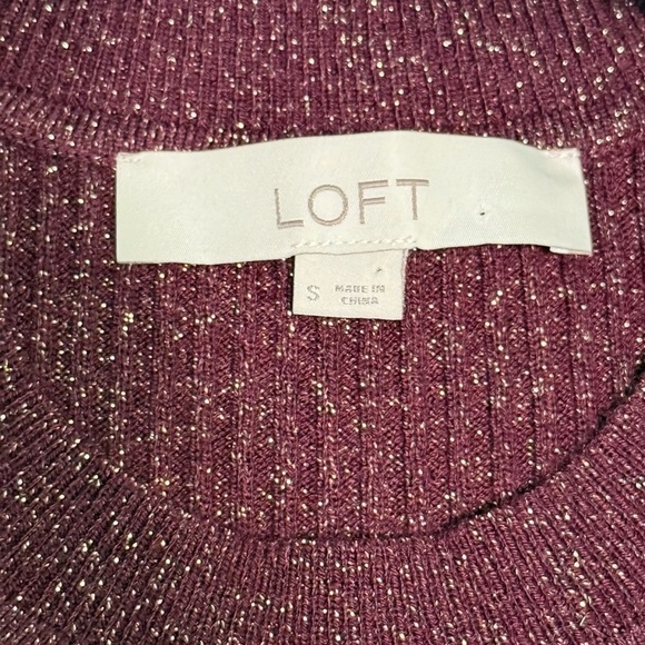 LOFT Burgundy Crewneck Sweater with Puff Sleeves - Picture 3 of 6
